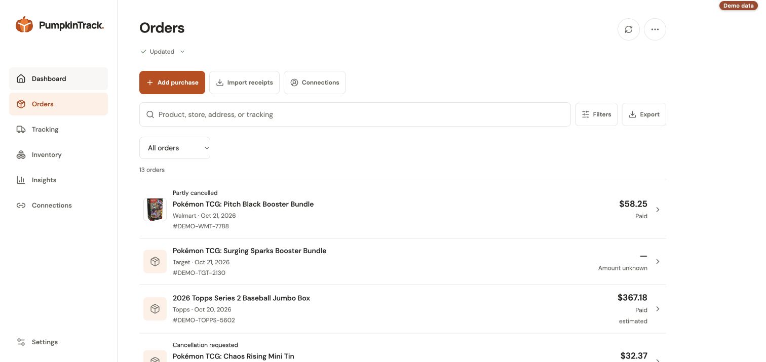 PumpkinTrack order history showing example purchases, stores, order numbers, and cancellations